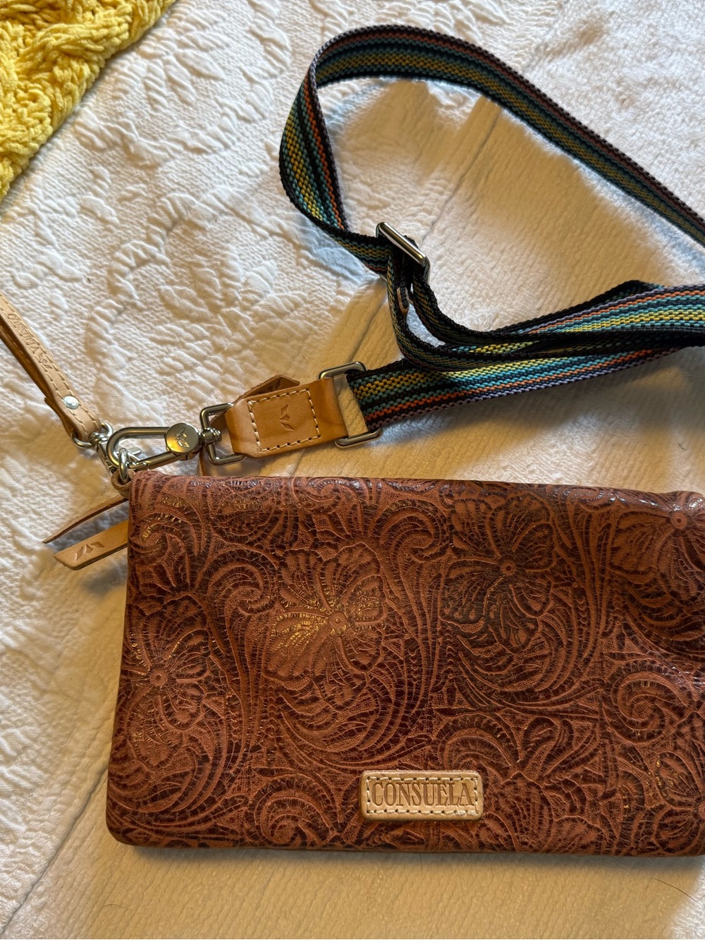Consuela Tooled Leather Crossbody with Red Accent